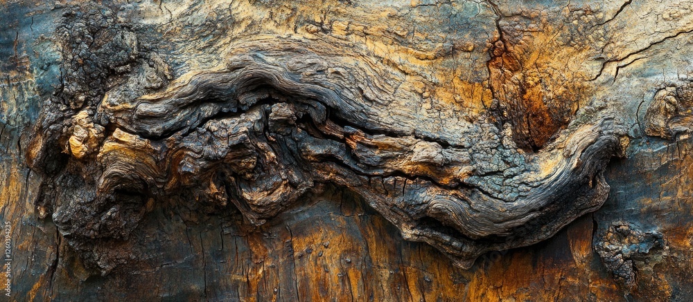 Poster textured close-up of ancient oak bark showcasing intricate patterns and rich colors in a natural set