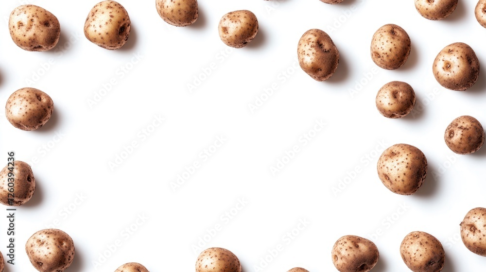 Poster top view of scattered brown potatoes on a white background empty space for text showcasing fresh hea