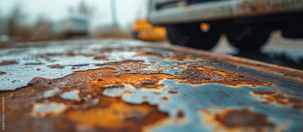 Aufkleber decaying galvanized sheet metal showing rust patterns and textures from exposure to the elements ove