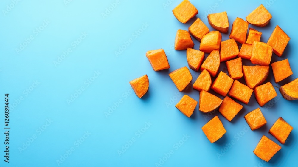 Poster roasted sweet potato cubes arranged on a vibrant blue background with ample empty space for copy or 