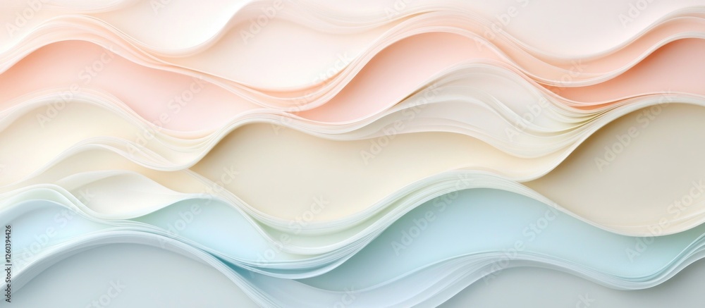 Poster soft pastel wave patterns in layered sheets ideal for backgrounds or wallpaper design. subtle elegan