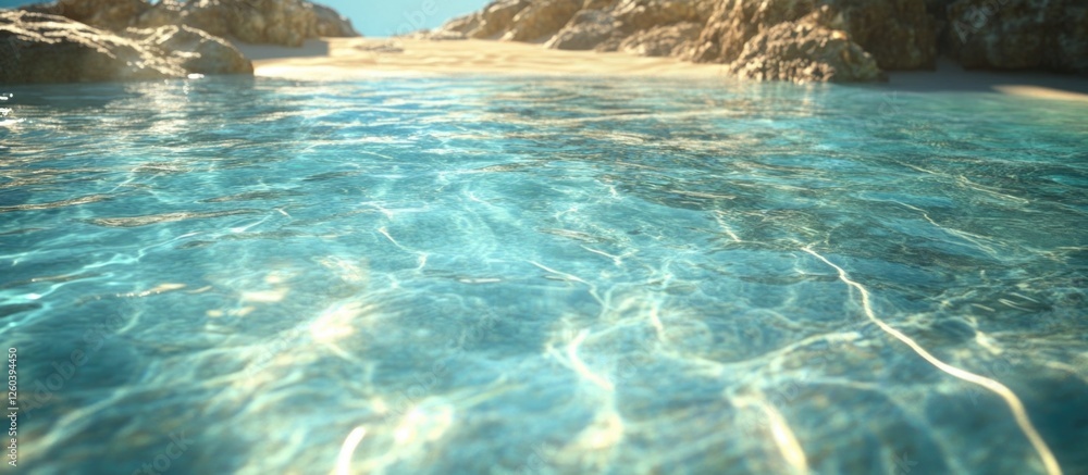 Poster blue clear water in a pool with gentle waves and sun glare reflecting on the surface creating a tran