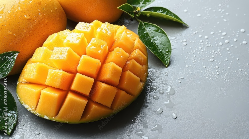 Poster fresh mango cubes surrounded by droplets on a gray surface with green leaves creating an elegant bac