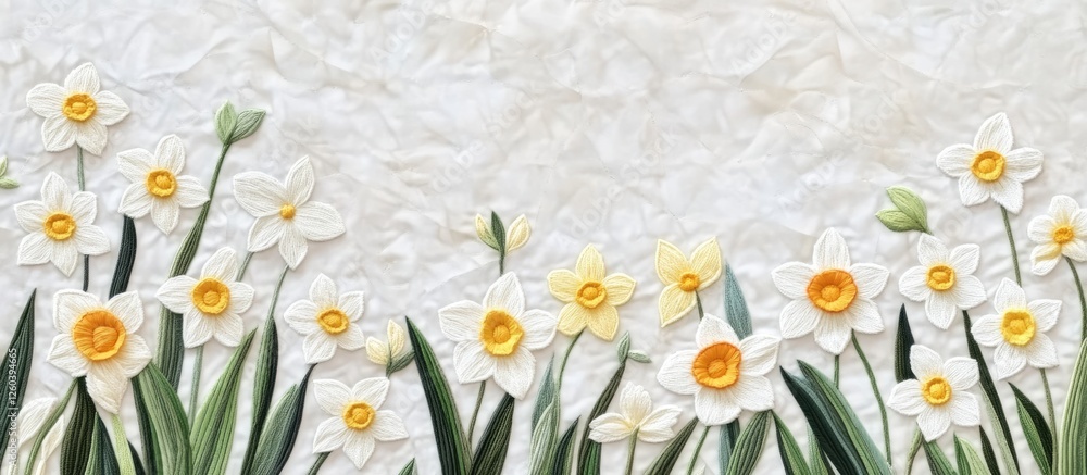 Poster Applique patchwork quilt featuring leucojum and daffodil flowers with a textured background and empty space for custom text or designs