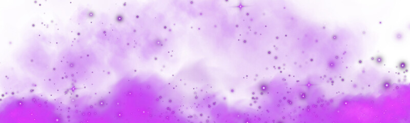 Fantastic purple smoke background. Magic purple smoke with glitter and small particles of twinkling stars. Fog with luminous particles. Purple vapor with stardust. Morning fog over land or water. PNG.