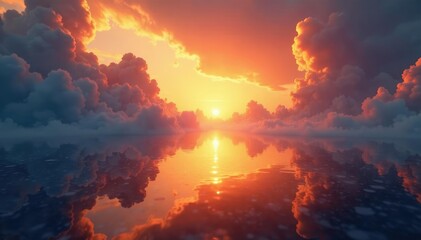 Obraz premium The surreal sunset sky appears to melt into a warm golden light reflected off an abstract mirror, mystical, dreamy, atmospheric