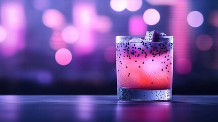 Close-up of a glass of a drink on a table. the glass is filled with a pinkish-purple liquid and has small black speckles on the surface.
