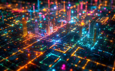 Obraz premium Neon Microchip City Grid | Futuristic Spinning Circuit | Cyberpunk Digital Network | Glowing Tech Innovation | Sci-Fi Data Flow | High-Tech Urban Matrix | Virtual Reality Animation | Smart City Motion
