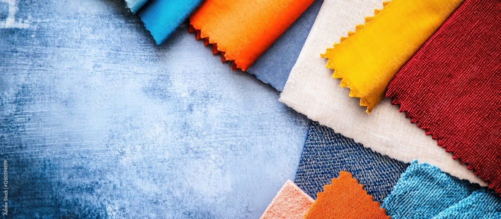Poster colorful textured fabric samples arranged on a blue background with blank space for customizable des