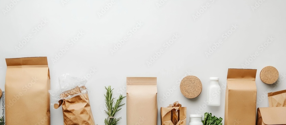 Aufkleber eco-friendly packaging materials arranged on a light background with ample blank space for text and 