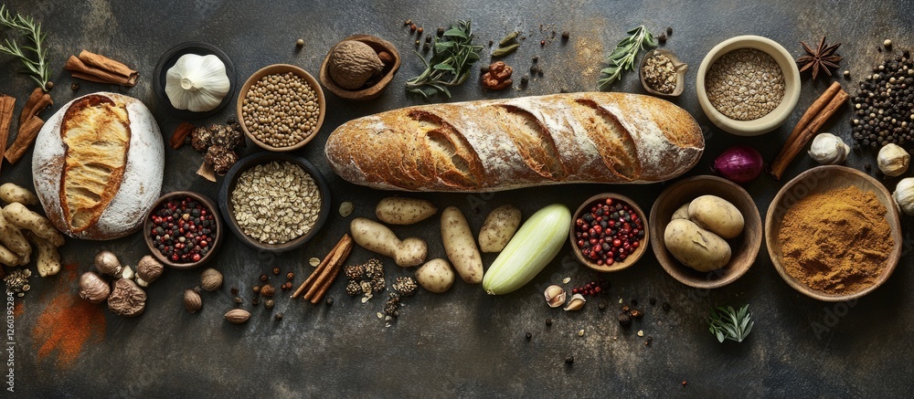 Poster vegetable bread and spice assortment on a textured surface with an overhead view and ample space for