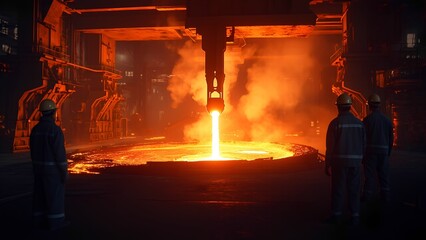 Heavy machinery works in a steel mill during intense metal pouring and casting process at night