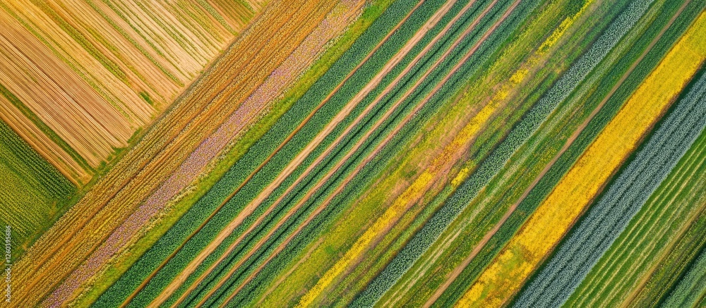 Poster aerial view of diverse agricultural farmland with vibrant crop rows showcasing rich colors and ample