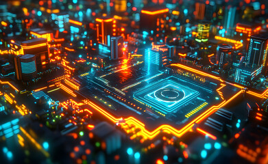 Obraz premium Neon Microchip City Grid | Futuristic Spinning Circuit | Cyberpunk Digital Network | Glowing Tech Innovation | Sci-Fi Data Flow | High-Tech Urban Matrix | Virtual Reality Animation | Smart City Motion