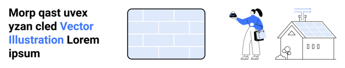 Solar panel installer in action next to a grid design and eco-friendly house. Ideal for sustainability, renewable energy, green living, solar power usage, eco-home design, technology, flat landing