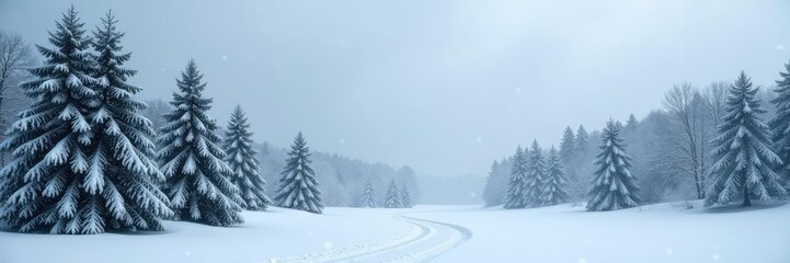 Fototapeta premium Trees heavy with snow under falling snowflakes, frozen, grey sky