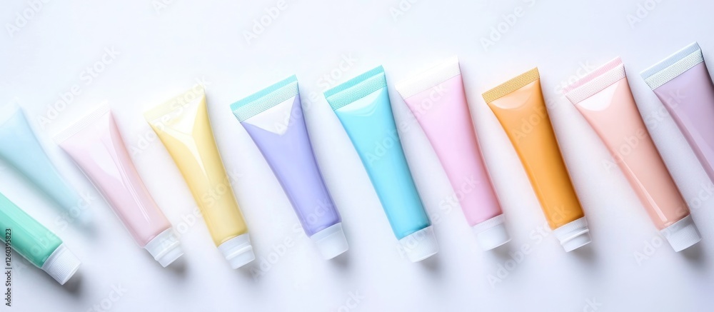 Poster Pastel colored toothpaste tubes arranged on a white background with ample empty space for text or branding purposes