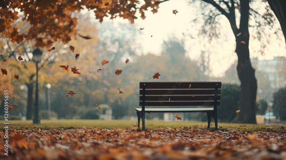 Aufkleber tranquil autumn park scene with colorful foliage and a bench surrounded by trees and falling leaves 