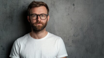 Trendy man in casual T-shirt with glasses and beard posing against a gray concrete wall with ample copy space for text and design elements