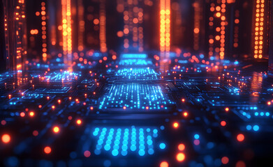 Neon Microchip City Grid | Futuristic Spinning Circuit | Cyberpunk Digital Network | Glowing Tech Innovation | Sci-Fi Data Flow | High-Tech Urban Matrix | Virtual Reality Animation | Smart City Motion