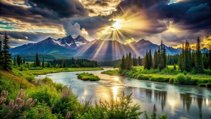 Naklejka premium Double exposure artistry: Denali's rugged landscape blends with the Nenana River's flow.