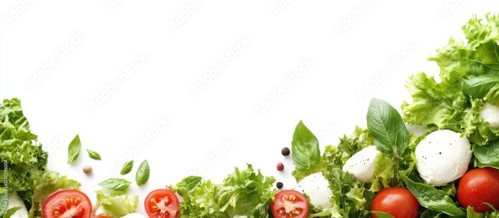 Aufkleber fresh tomato and mozzarella salad with basil and lettuce on white background blank space for text or