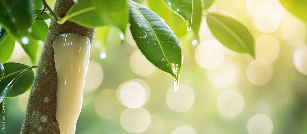 Poster rubber tree sap flowing from trunk with lush green leaves and natural bokeh background capturing a s