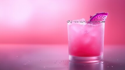 Close-up of a pink cocktail in a tall glass. the glass is filled with a pinkish-red liquid and has ice cubes floating on the surface.