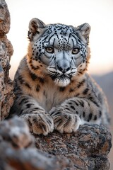 Fototapeta premium Majestic Snow Leopard Resting on Rocky Outcrop