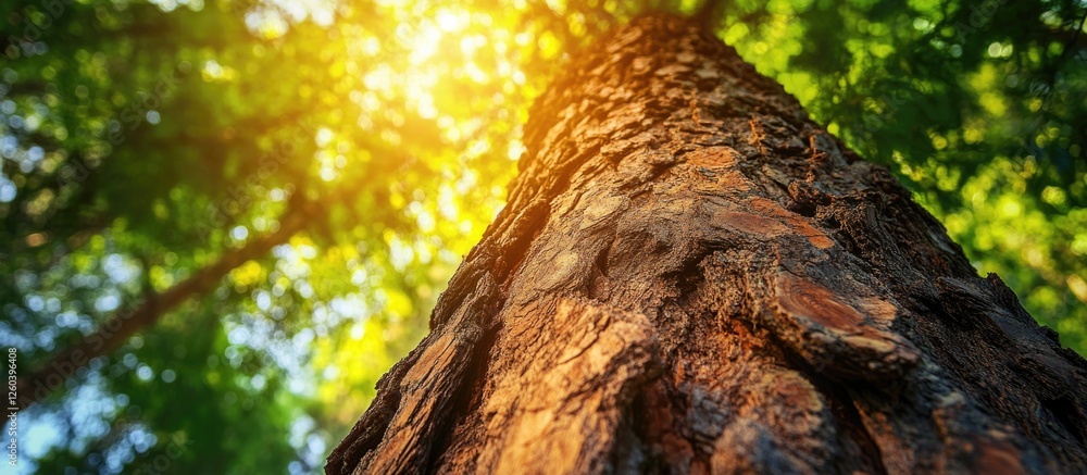 Poster textured bark of an aged pine tree with sunlight filtering through lush green foliage creating a ser