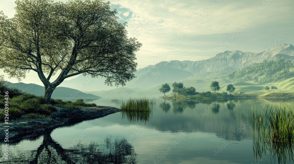 Poster serene highland lake scene with reflective water and lush trees featuring ample space for text or gr