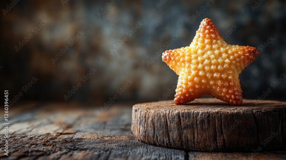 Poster cherry flavored star-shaped pastry on rustic wooden surface with blurred background and ample space 
