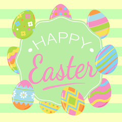 Happy Easter banner, poster, greeting card. Easter background design with lettering, Easter eggs, bunny ears, in pastel colors.