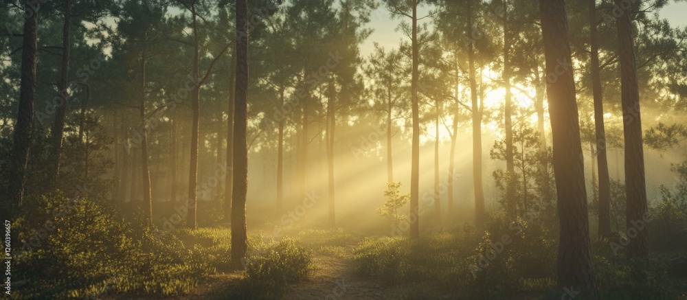Poster dawn sunlight filtering through pine trees in a serene forest creating a tranquil and magical atmosp
