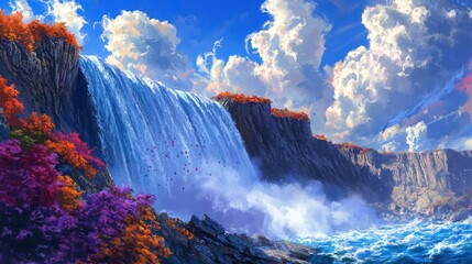Autumn waterfall, coastal cliffs, vibrant foliage, sunny sky, travel poster