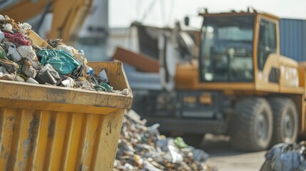 Heavy machinery working at the landfill site with pile of garbage