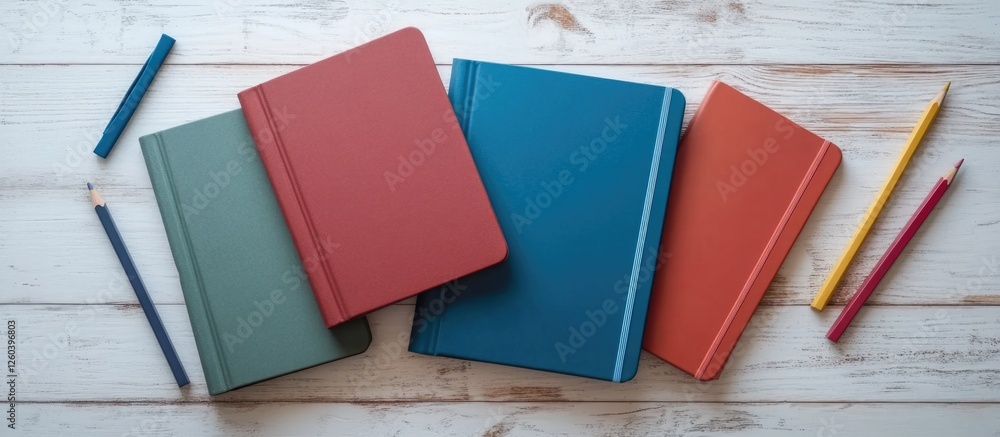 Aufkleber notebooks and colored pencils on a white wooden background for action planning and goal setting conc