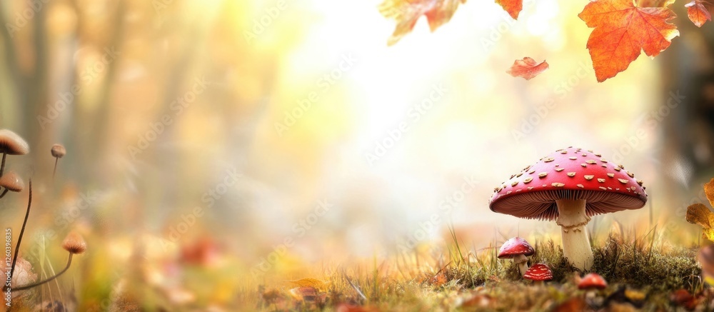 Poster autumn forest scene with tiny mushrooms surrounded by colorful leaves and soft light ideal for addin
