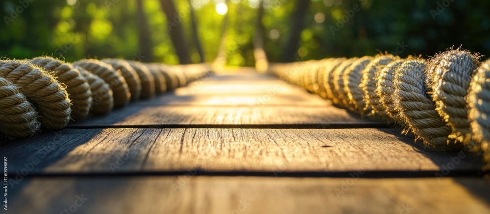 Poster rope line illuminated by sunlight on a wooden path in a tranquil forest setting with a vibrant green
