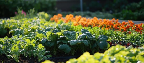 Vegetable farm with salad crops and digital screen showcasing graphics and copy space for agricultural technology concepts