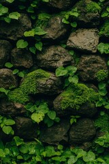 Lush Greenery Overgrown on Dark Stone Wall