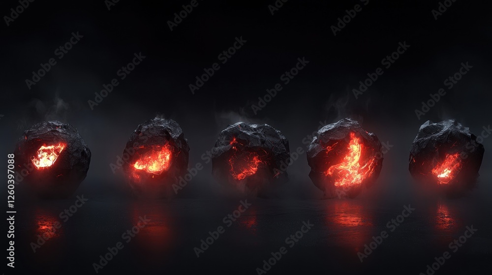 Poster five large rocks arranged in a row on a dark background. the rocks are covered in a thick layer of r