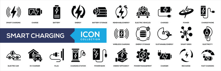Smart Charging Black Glyph Icon Collection