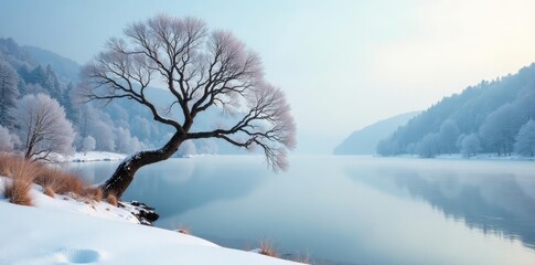 A lone tree branch stretches across a frozen pond in a serene winter landscape, peace, calmness