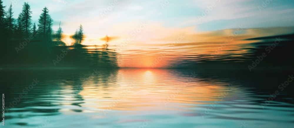 Poster tranquil sunset reflection on water with a dreamy blur effect and silhouettes of trees in the backgr
