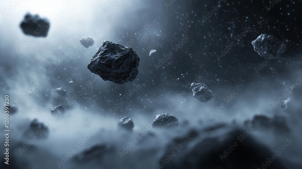 Aufkleber group of asteroids flying in the sky. the asteroids are of different sizes and shapes, and they are 