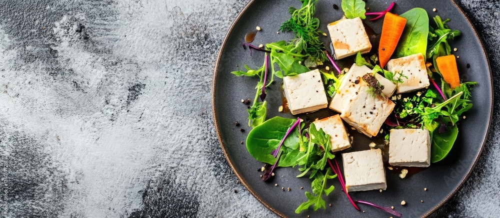 Poster vegan smoked tofu blocks served with fresh greens and root vegetables on a dark plate with empty spa