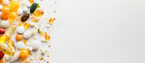 Fototapeta premium Variety of vitamin capsules fish oil and supplements displayed on a white background with ample space for text or product promotion