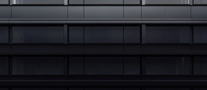 Modern skyscraper facade featuring dark rectangular windows with blank space for text ideal for corporate or architectural presentations.