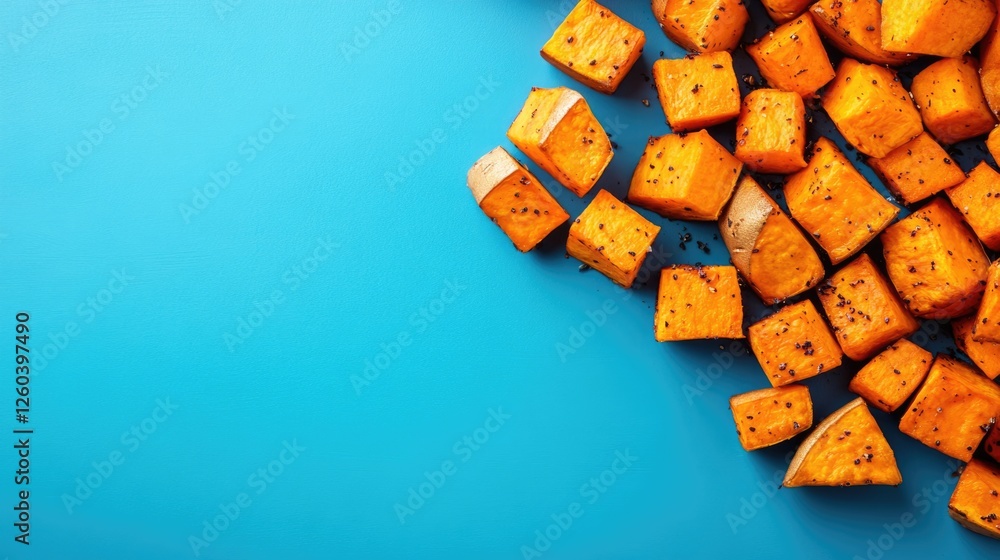 Poster roasted sweet potato cubes arranged on a vibrant blue backdrop with ample empty space for text or de
